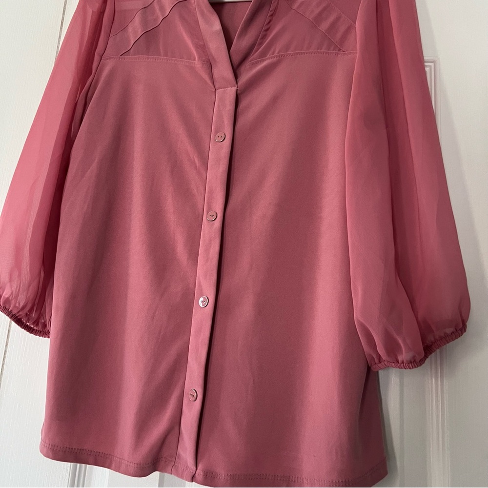 Atelier 29 Pink Button-Up Blouse Sheer Sleeve and Neckline Size Medium - Picture 2 of 10